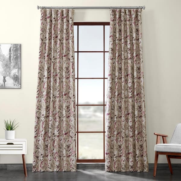 Exclusive Fabrics & Furnishings Floral Paisley Purple Linen Textured Room Darkening Curtain - 50 in. W x 84 in. L Rod Pocket with Back Tab Single Panel