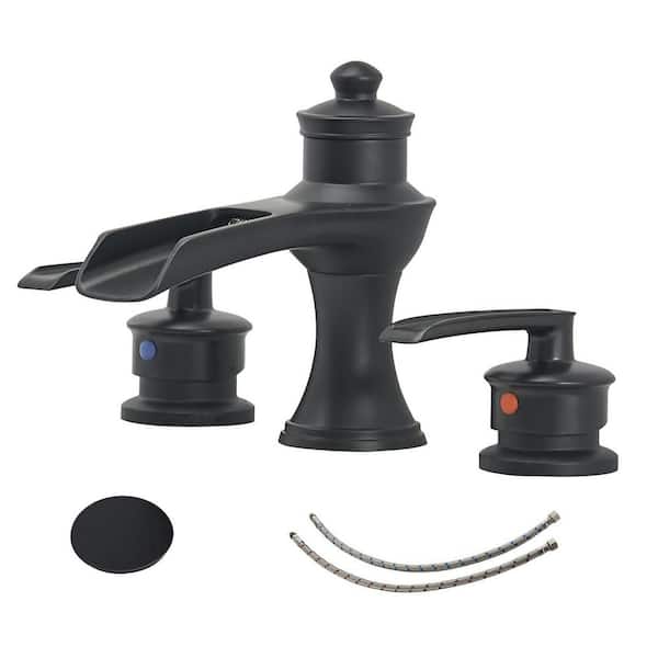 BWE 8 in. Waterfall Widespread 2-Handle Bathroom Faucet With Pop-up Drain Assembly in Spot Resist Matte Black