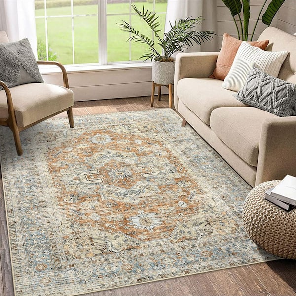 Vintage Printed Carpet Soft Thin Rug Interior Decoration for Bedroom Living Room Kitchen Orange 10 ft. x 13 ft. Area Rug