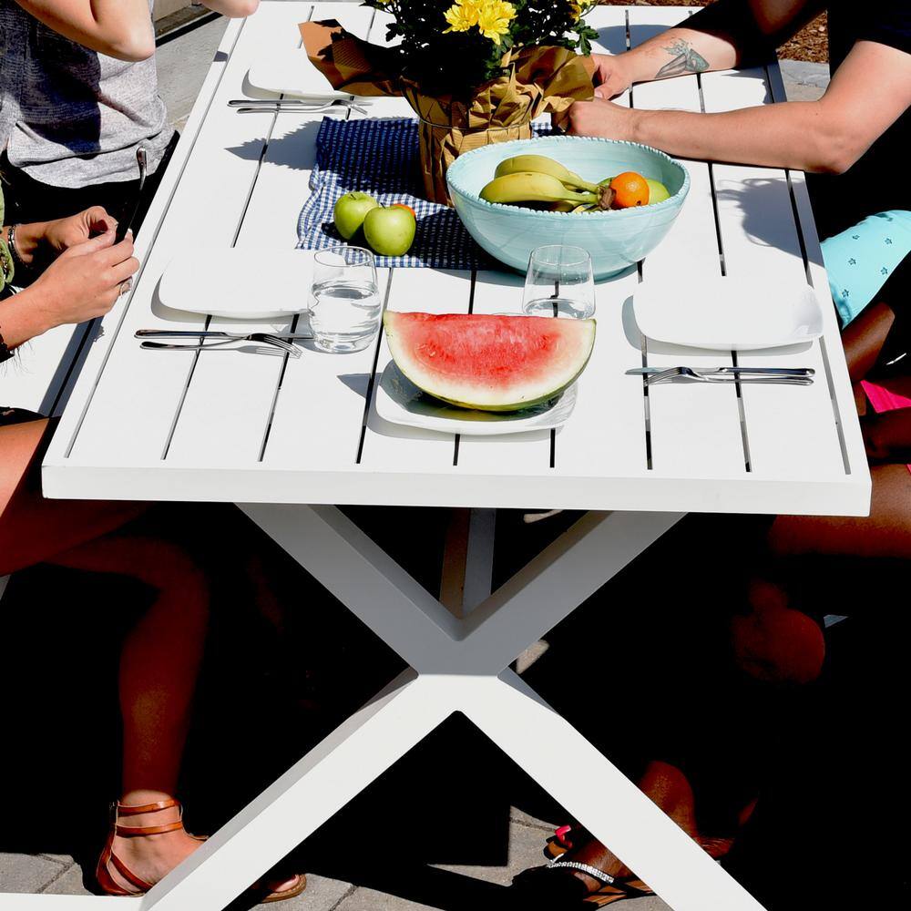 White Aluminum Modern 8-Seat Picnic Table with Attached Benches