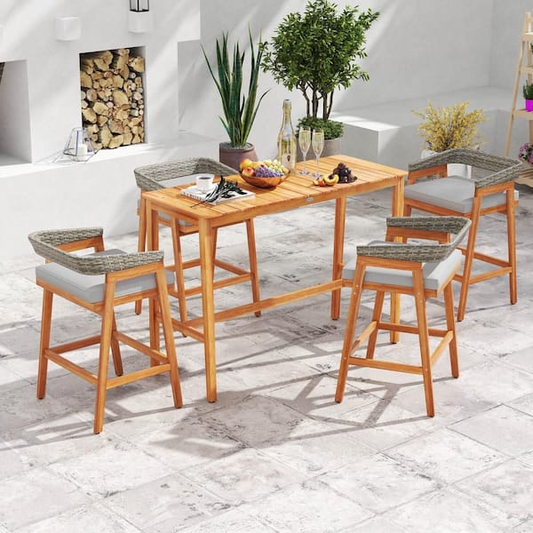 Costway Wood Outdoor Bar Stool Counter Height Bar Stools with Gray Cushions PE Wicker Backrests (2-Pack)