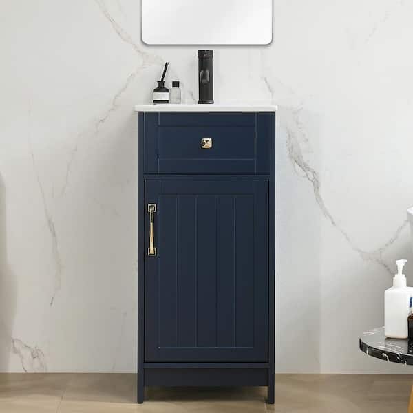 16 in. W Single Integral Sink Freestanding Bath Vanity in Navy Blue with White Ceramic Top