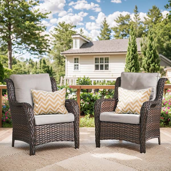 ArcoBay Metal and Brown Wicker Outdoor Lounge Chair with Olefin Beige Cushions (2-Pack)