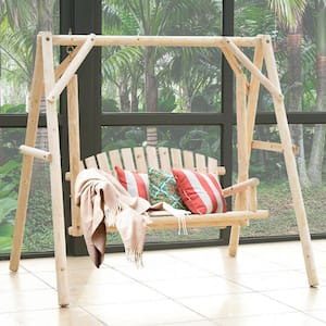 2-Person Wood Patio Swing with Outdoor Rustic Curved Back