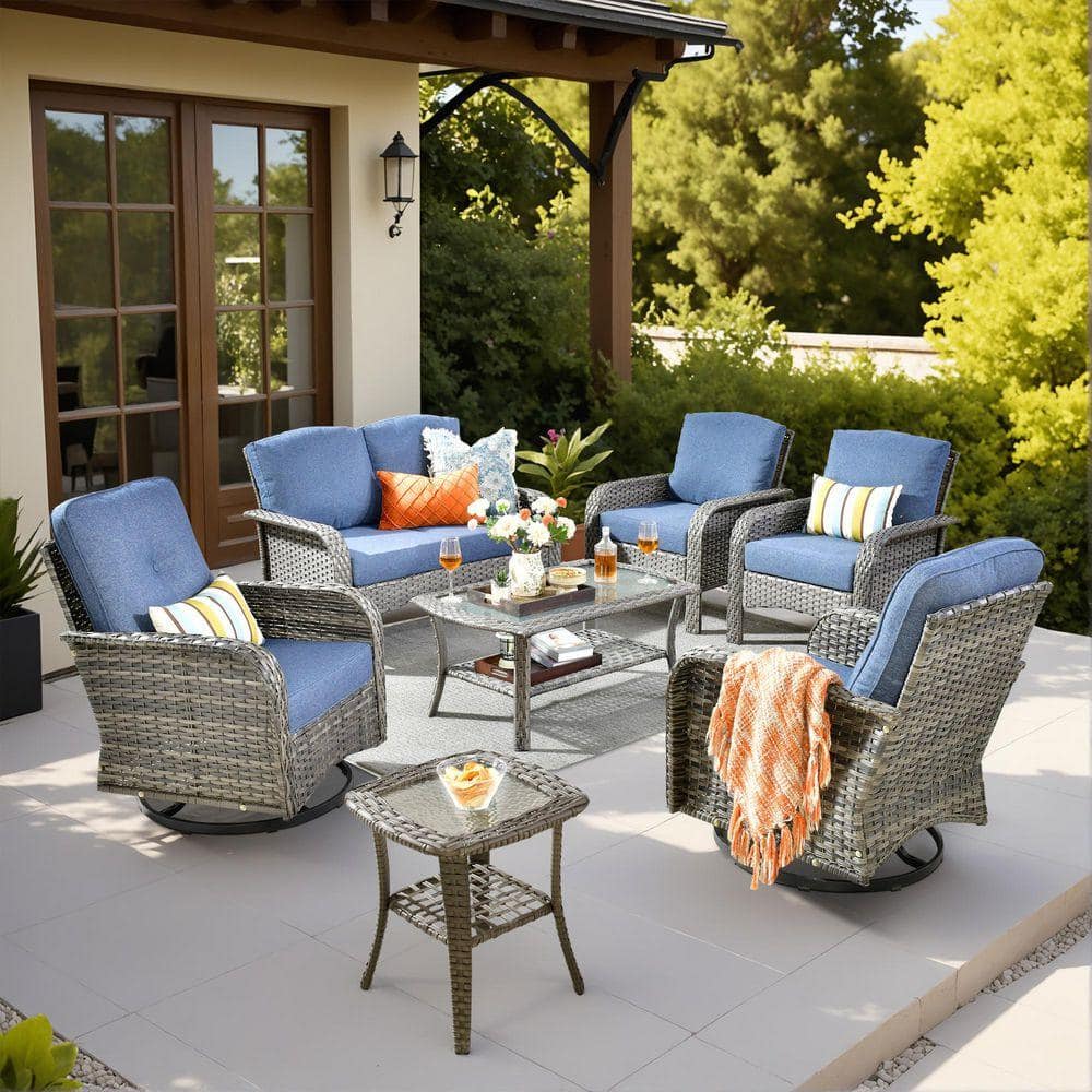 Denali Gray 7-Piece Modern Wicker Patio Conversation Sofa Seating Swivel Rocking Chairs Set with Denim Blue Cushions