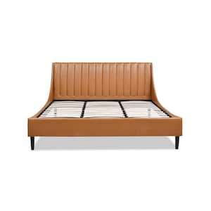 Aspen 79 in. Faux Leather Vertical Tufted Upholstered King Modern Platform Bed Frame with Headboard in Caramel Tan Brown