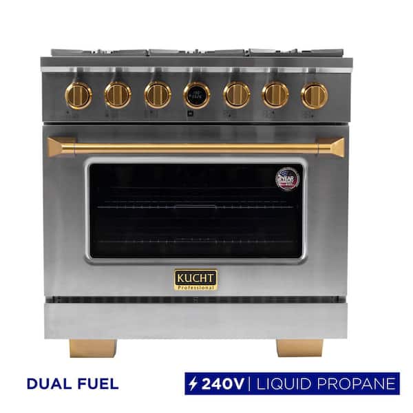 36 in. 5.2 cu.ft. 6-Burners Dual Fuel Range Propane Gas in Stainless Steel with Gold Accents and Digital Dial Thermostat
