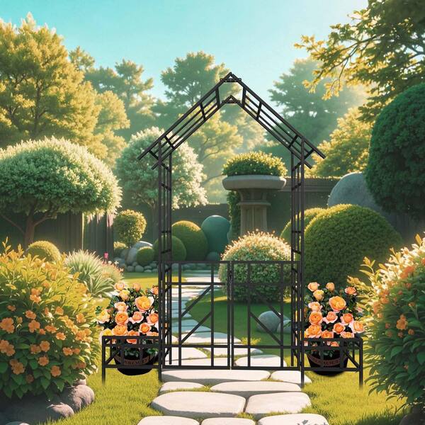 97.24 in. x 80.71 in. Metal Garden Arch Arbor with Gate and 97.24 in. x 80.71 in. Metal Garden Arch Arbor with Gate and