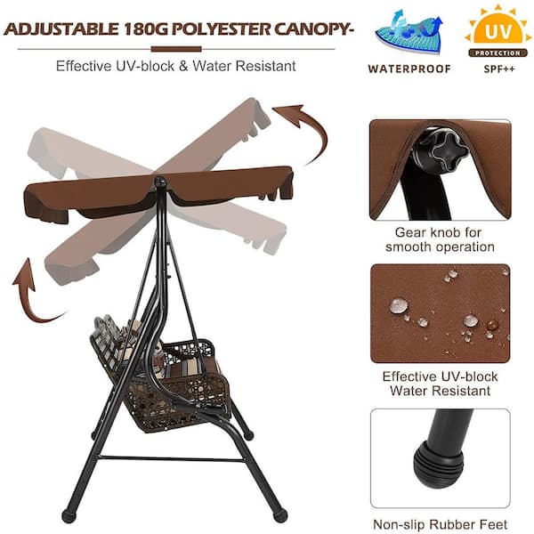 Brown 3-Person Wicker Outdoor Patio Swing with Cushion and Pillows