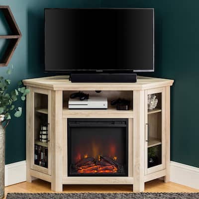48 in. Traditional White Oak Wood Corner TV Stand with Electric Fireplace (Max TV Size 55 in.)