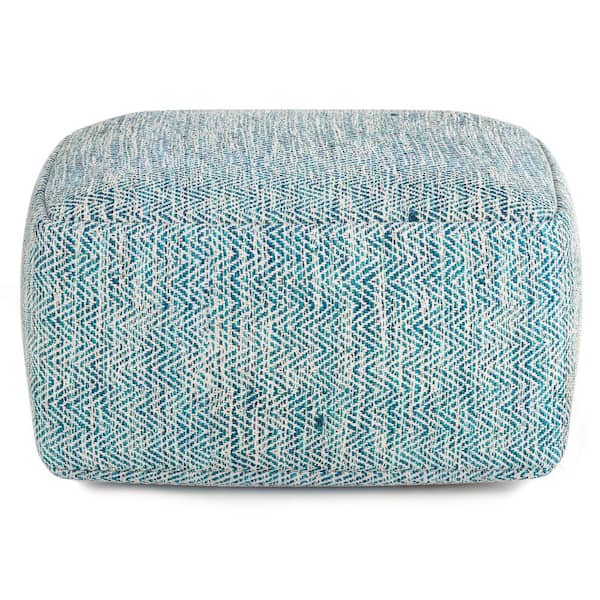 Simpli Home Nate Boho Square Pouf in Patterned Teal Melange