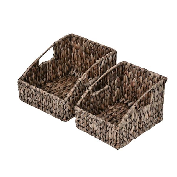 happimess Havanah 11.02 in. x 7.09 in. Metal/Hyacinth Slanted Pantry Decorative Baskets with Handles, Gray Brown (Set of 2)