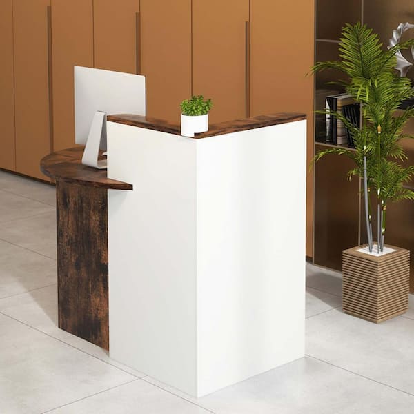 Costway 48 in. Round Rustic Brown Wood Front Reception Counter Desk Checkout Office Desk with Open Shelf and Lockable Drawer P12I 10N4 A04 A98