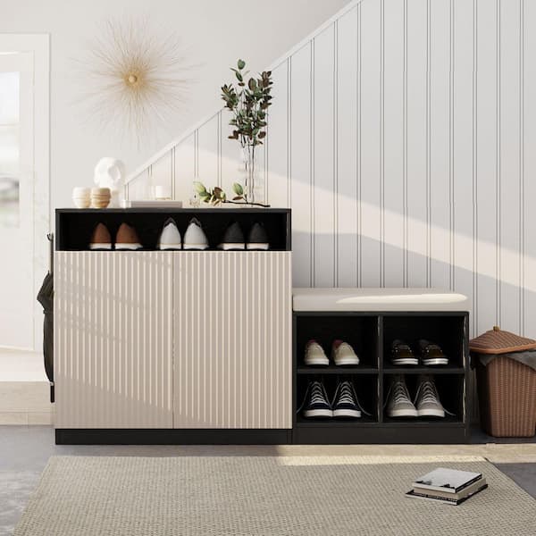 Beige/Black MDF Wood Buffet with Shoe Bench, Removable Cushion, 2 Doors and 3-Tier Adjustable Shelves