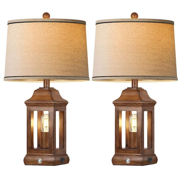24 in. Rustic Resin Table Lamps (Set of 2), Touch Dimmable Bedside Lamps w/ USB A+C Ports, Dual Light Sources,Wood Grain