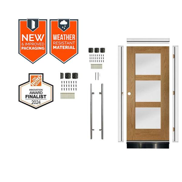 Faux Pivot36in.x79in. 3-Lite RH FrostedGlass Bourbon Stain Fiberglass AssemblyRequired FrontDoor Kit w/QuickAssembleJamb