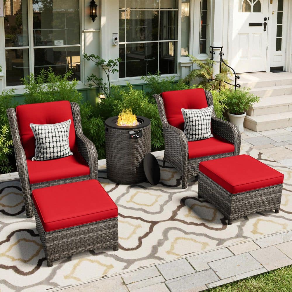 5-Piece Fire Pit Patio Set Wicker Outdoor Patio Conversation Set with Lounge Chairs, Ottomans and Red Cushions price history on PriceWatchPro