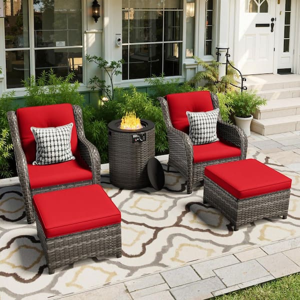 5-Piece Fire Pit Patio Set Wicker Outdoor Patio Conversation Set with Lounge Chairs, Ottomans and Red Cushions