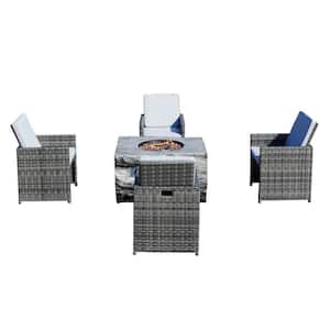 Williams 5-Piece Wicker Outdoor Dining Set Fire Pit Table Set with Gray Cushion