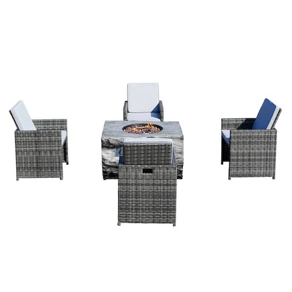 DIRECT WICKER Williams 5-Piece Wicker Outdoor Dining Set Fire Pit Table Set with Gray Cushion