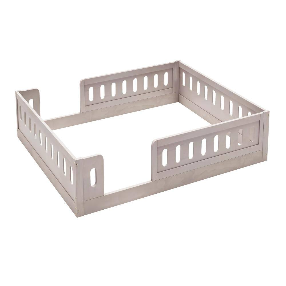 Natural wood frame full platform bed with guardrail shown from the front view.