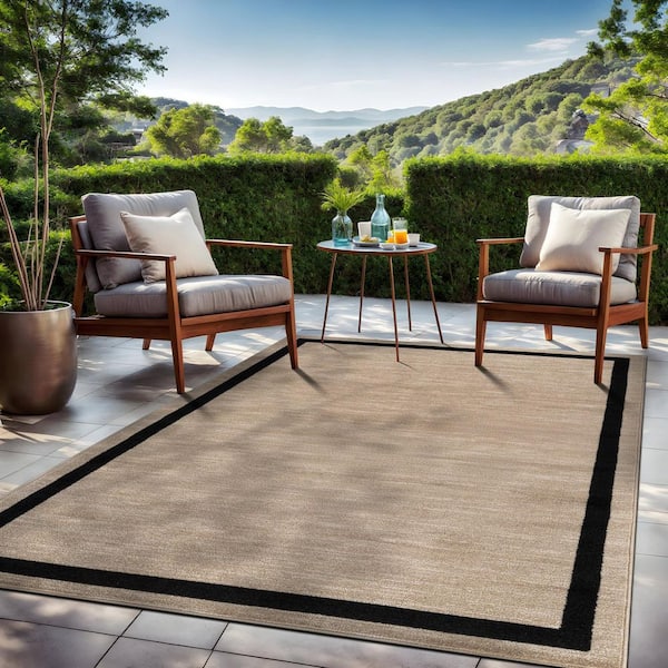 Aura Beige 5 ft. x 7 ft. Rubber Back Washable Modern Bordered Indoor Outdoor Area Rug