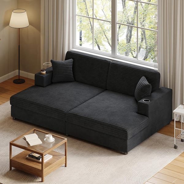 Scott 86.5 in. Black Modern Upholstered Corduroy Full Size Sectional Sofa Bed