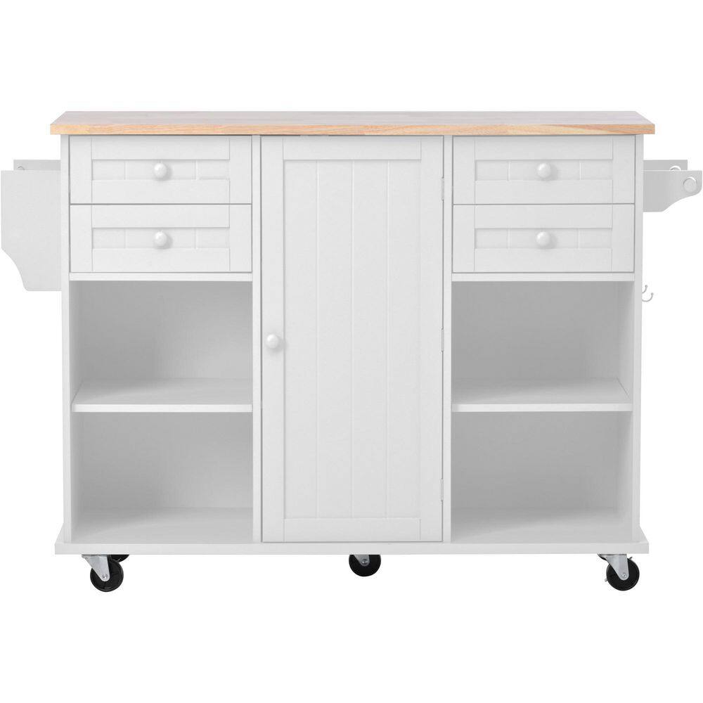 52.8 in. White Kitchen Island Cart with 5 Wheels Including 4 Lockable