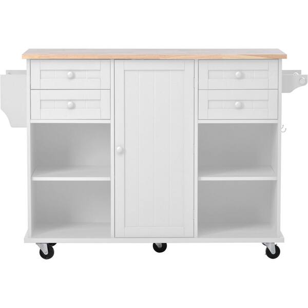 52.8 in. White Kitchen Island Cart with 5 Wheels Including 4 Lockable ...