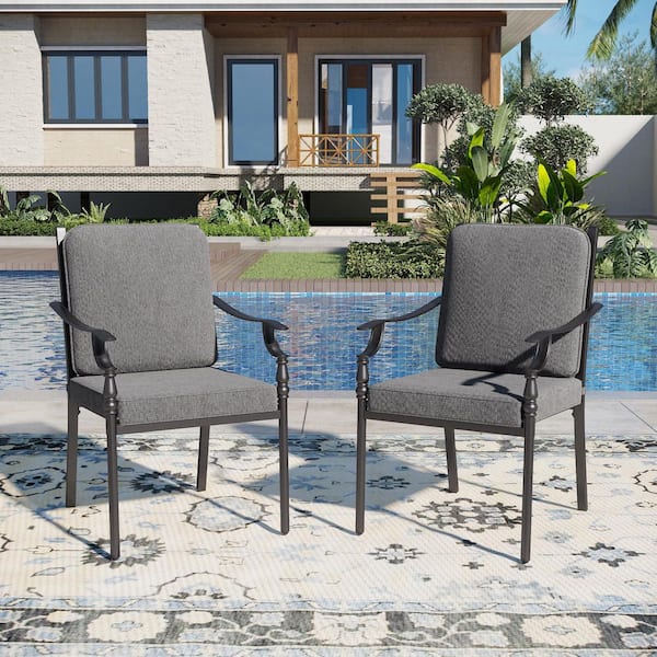Black Metal Gourd-shaped Design Patio Outdoor Dining Chair with Gray Cushion (2-Pack)