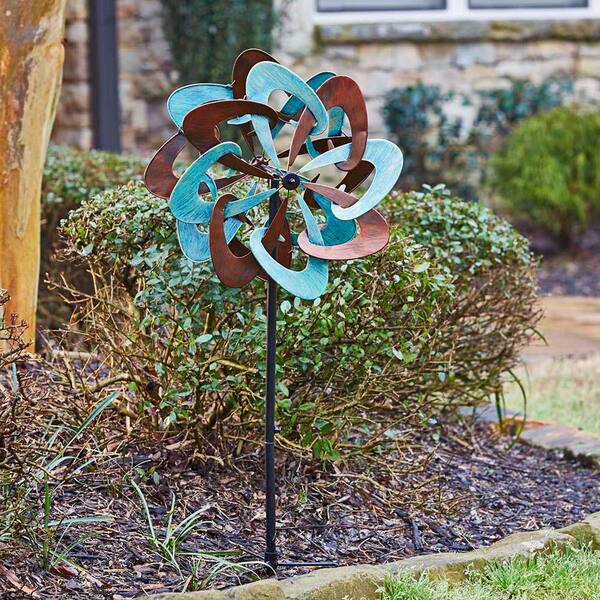 5 Ft Copper-Colored Double Pinwheel Wind Spinner with Solar Light Garden Stake 