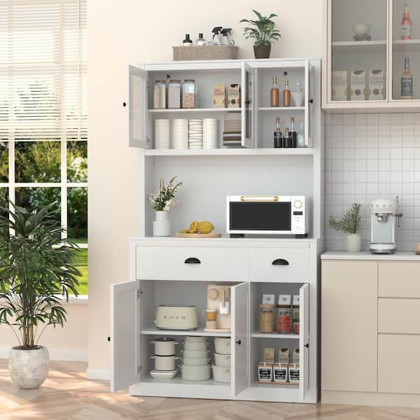 VEIKOUS White MDF 39.4 in. Sideboard Food Pantry Kitchen Buffet and Hutch with 4-Adjustable Shelves and 2-Drawer