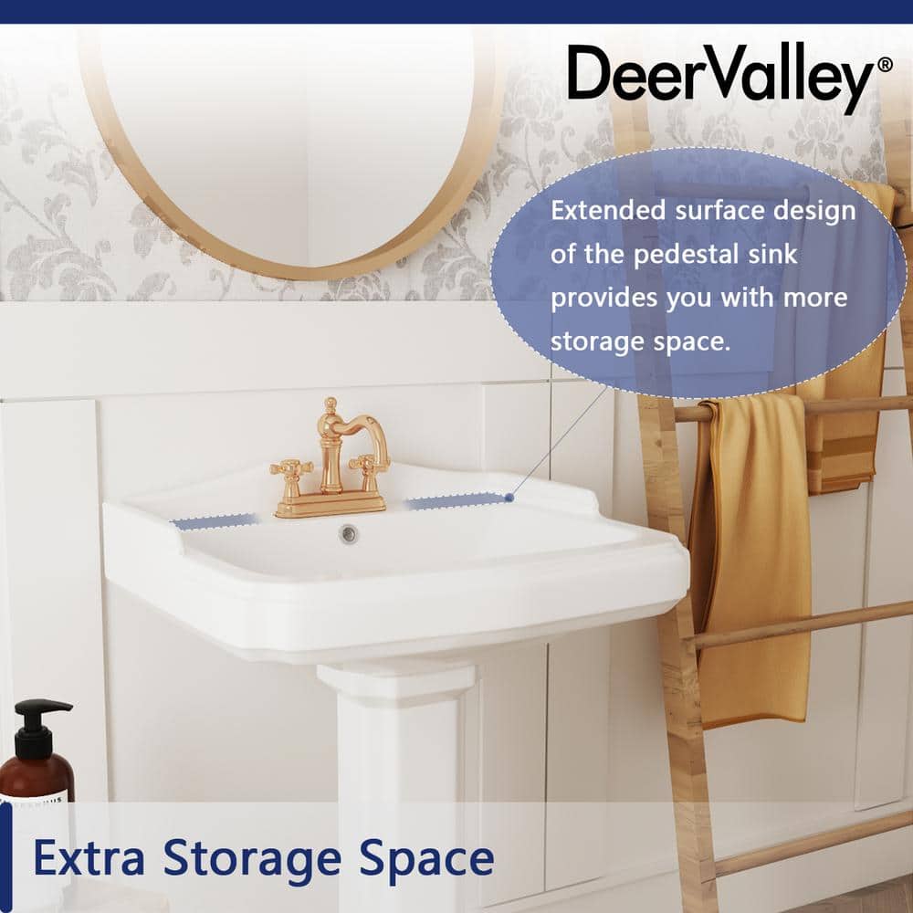 Dynasty 35.5" White Ceramic Pedestal Bathroom Sink with Overflow