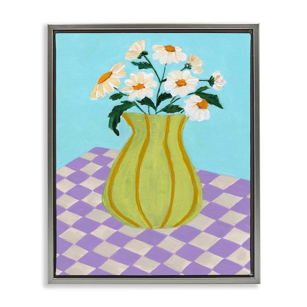 Stupell Industries Retro Checkers Vase by Nikita Jariwala Gray Floater Frame Nature Graphic Art Print 21 in. x 17 in.