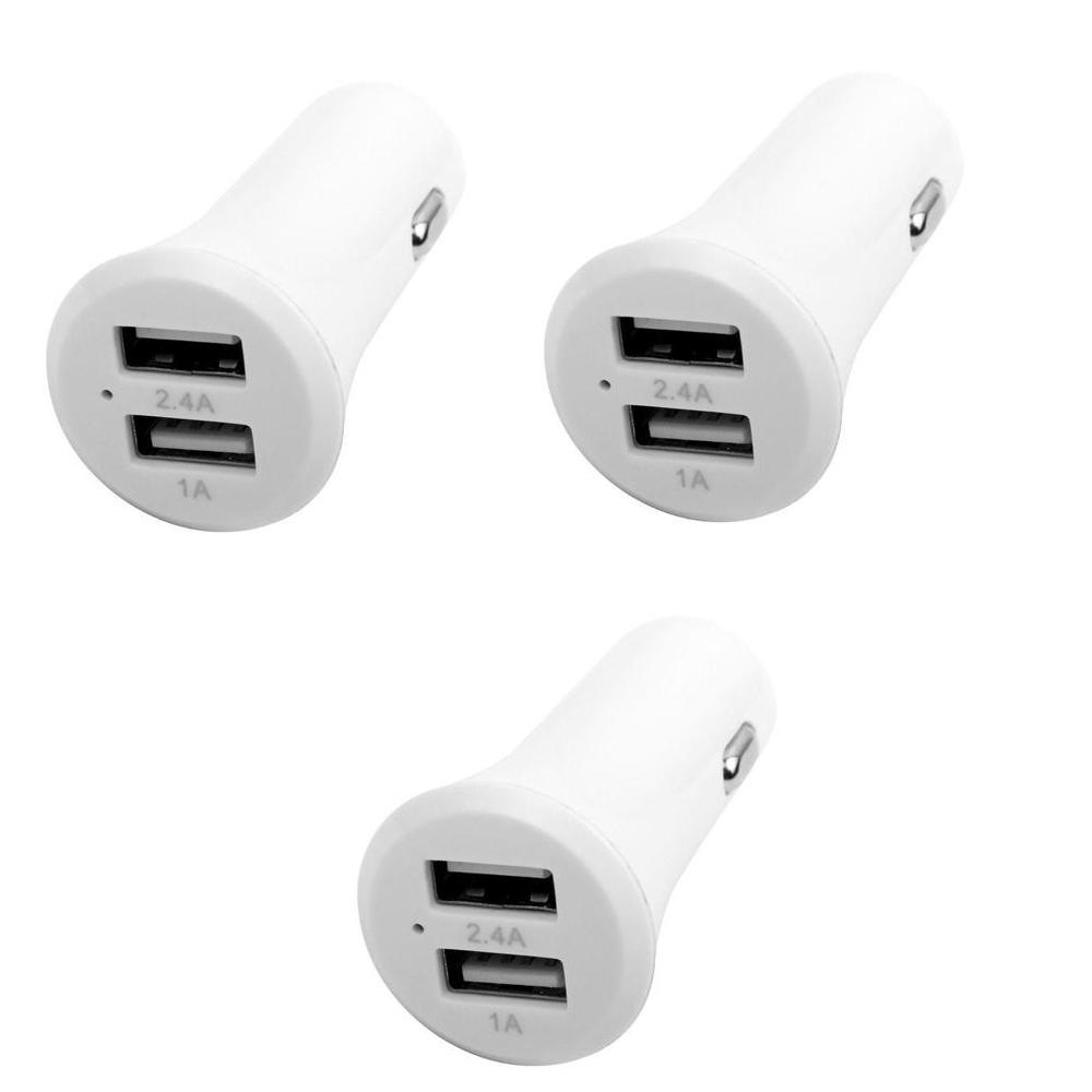 3.4 Amp 2-Port ABS Car Charger, White (3-Pack)