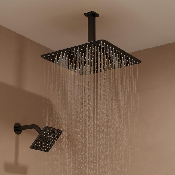 Dual 15-Spray Ceiling Mount 16 and 6 in. Fixed and Handheld Shower Head 2.5 GPM in Matte Black Valve Included