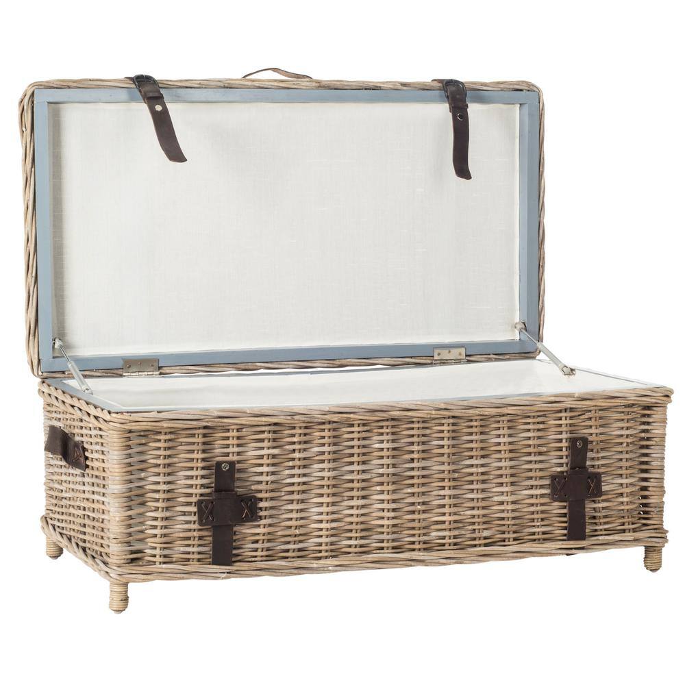 Transitional Gray Wood Storage Trunk Coffee Table with Faux Leather Straps