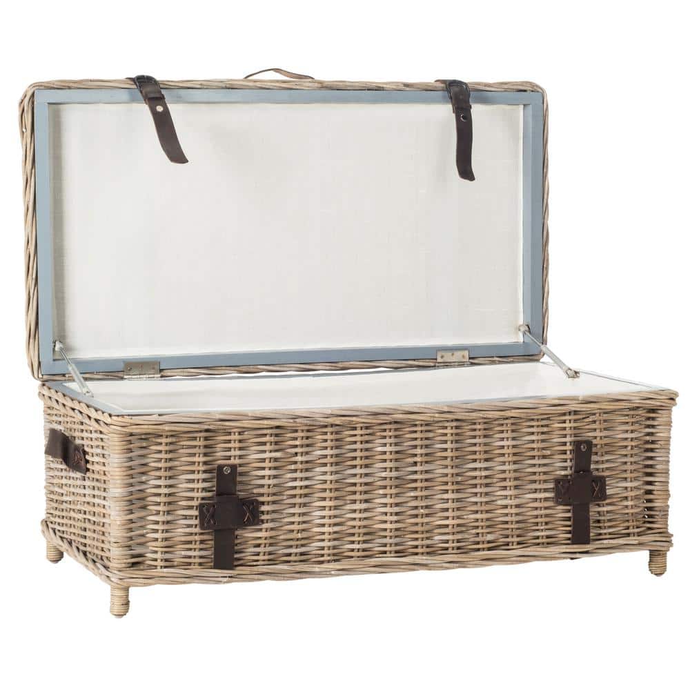 Transitional Gray Wood Storage Trunk Coffee Table with Faux Leather Straps