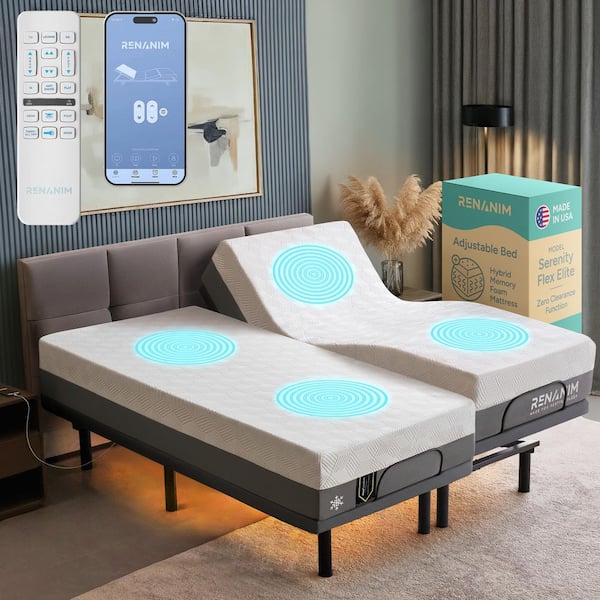 Renanim Gray Split-King Adjustable Bed Frame Base w/ 14 in. Hybrid Mattress, Massage Wireless Remote Underbed Light Electric Bed