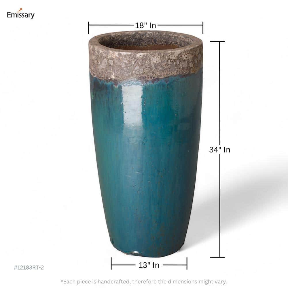 Teal and Gray Tall Ceramic Planter for Indoor/Outdoor Use