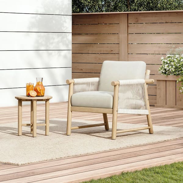 Spruce & Spring Miles Cream Fabric Swivel Handwoven Rope Arm Chair and Side Table Set with Solid Wood Frame and Plush Cushions