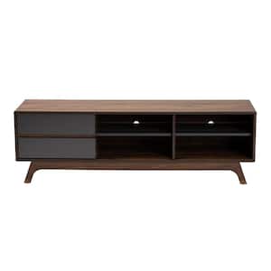 Koji 59 in. Grey and Walnut Particle Board TV Stand with 2 Drawer Fits TVs Up to 64 in. with Cable Management