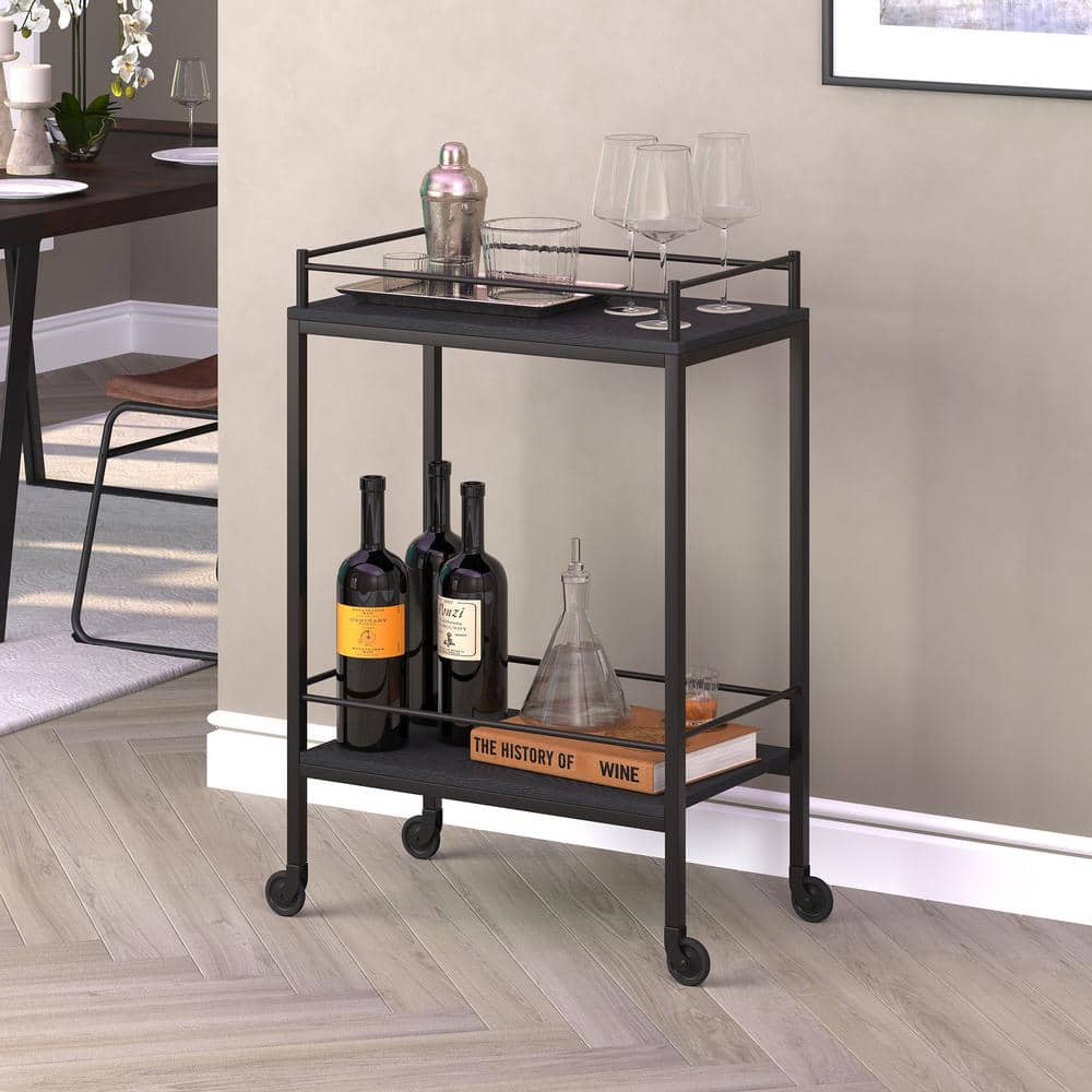 Barnes Black Grain Wood-Finish & Bronze Frame Bar Cart with Storage