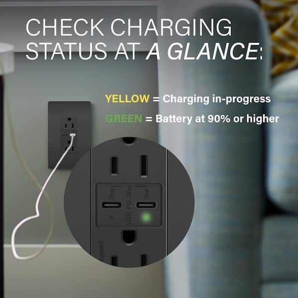 radiant 15 Amp 125-Volt Tamper-Resistant Duplex Outlet with Ultra-Fast 6A PLUS 30W Power Delivery USB C/C, Black