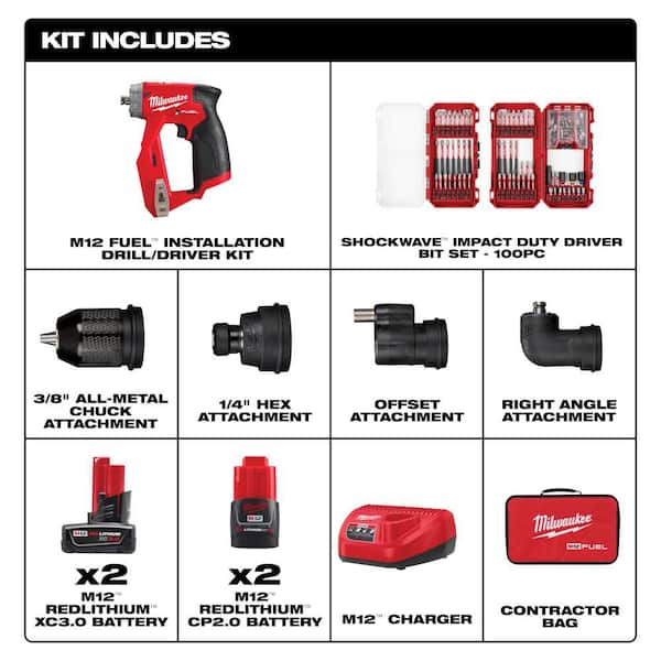 M12 FUEL 12V Lithium-Ion Cordless 4-in-1 Installation 3/8 in. Drill Driver Kit w (4) Batteries & 100 Pc Bit Set
