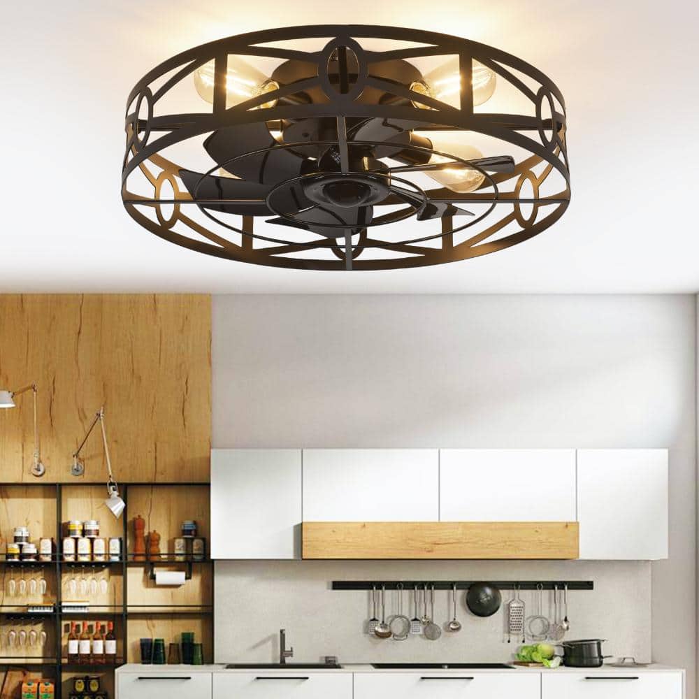20 in. Black Flush Mount Caged Farmhouse Ceiling Fan with Light E26*4 (excl. bulbs) Industrial with Remote for Kitchen price history on PriceWatchPro