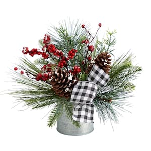 12 in. Unlit Frosted Pinecones and Berries Artificial Arrangement in Vase with Decorative Plaid Bow