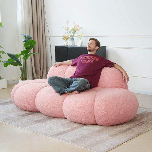 90 in. Armless Plush Fabric Memory Foam Modern Curved 3 Seater Sofa, Cozy Leisure Boneless Couch in Pink, No Assembly