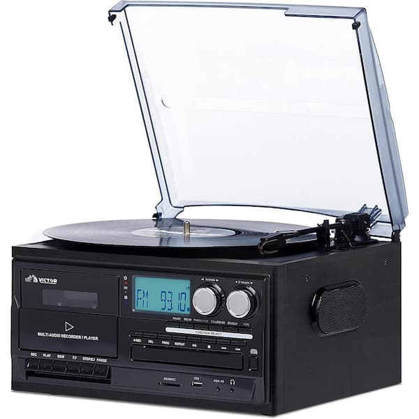 Victor Cosmopolitan Bluetooth Turntable Record Player, CD/MP3/Cassette  Player, AM/FM Radio and Built-In Stereo Speakers, Black VWRP-4200-BK - The  Home Depot