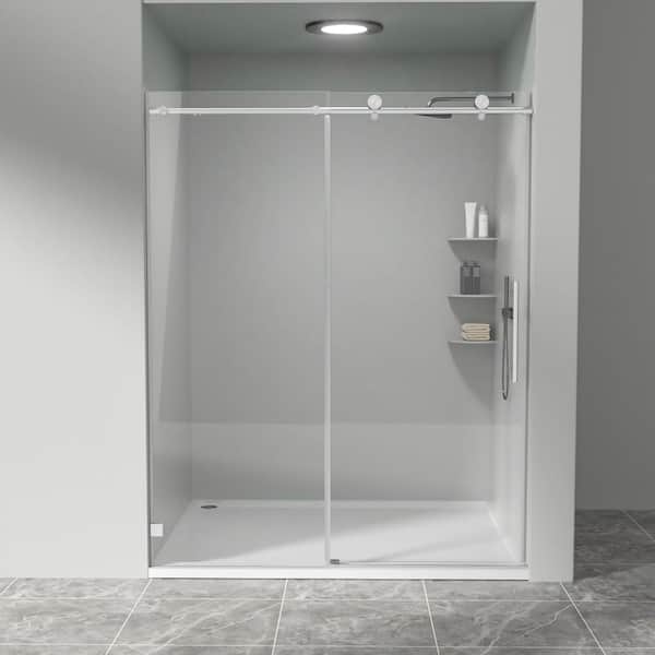 56-60" W x 74" H Frameless Single Sliding Shower Door in Brushed Nickel with 5/16" Clear Glass Tempered Soft-Close Door